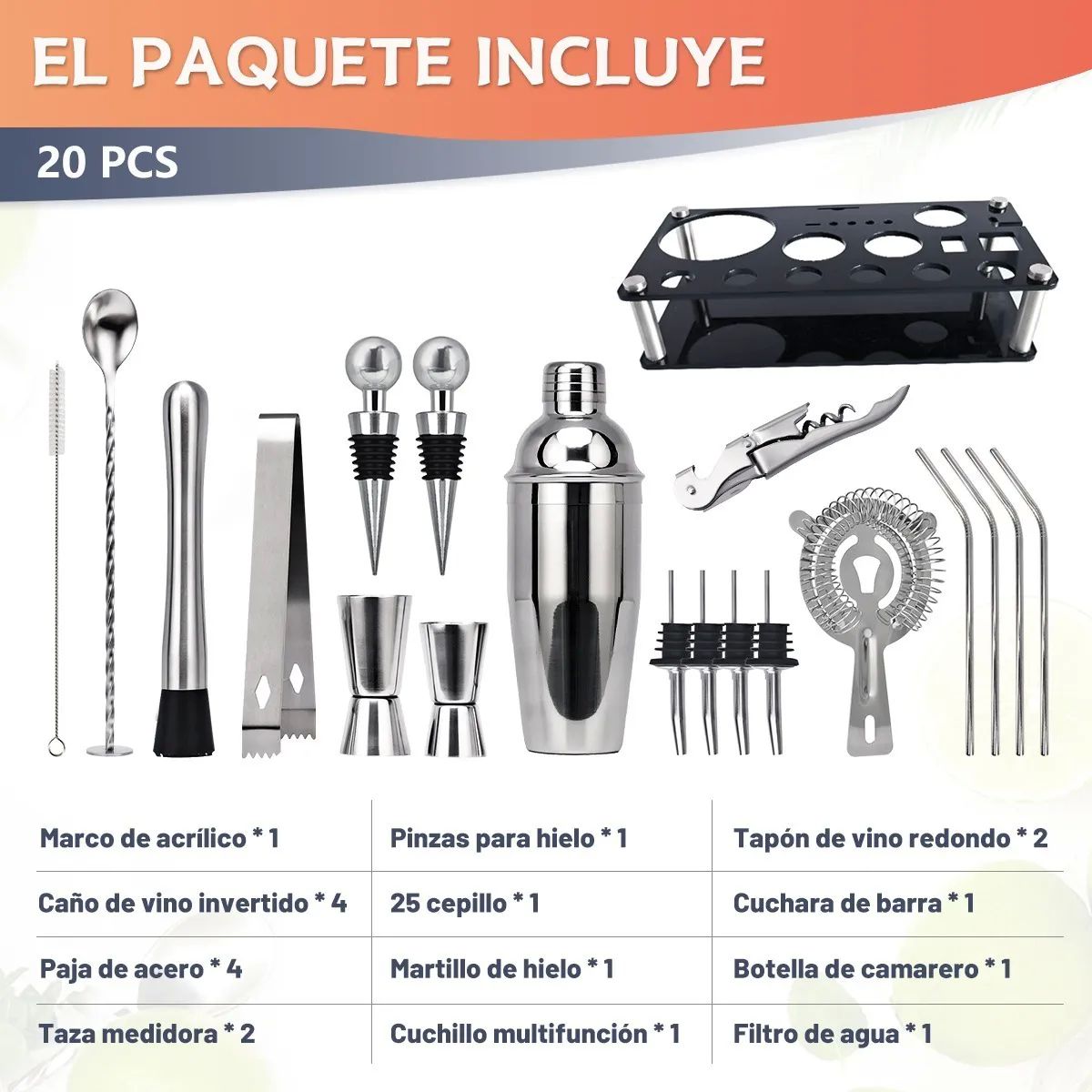 Kit De Coctelera De 750 Ml Para Bar, 20 Piezas