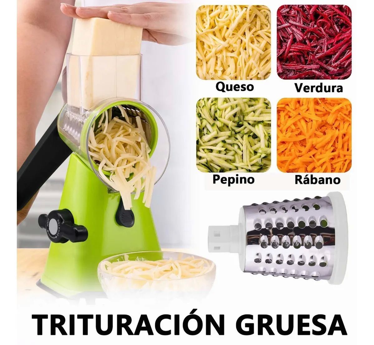 Rallador Cortador De Verdura Picador Manual Con 3 Cabezales Verde