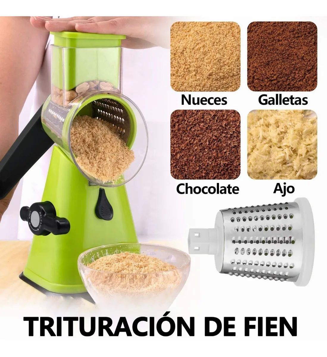 Rallador Cortador De Verdura Picador Manual Con 3 Cabezales Verde