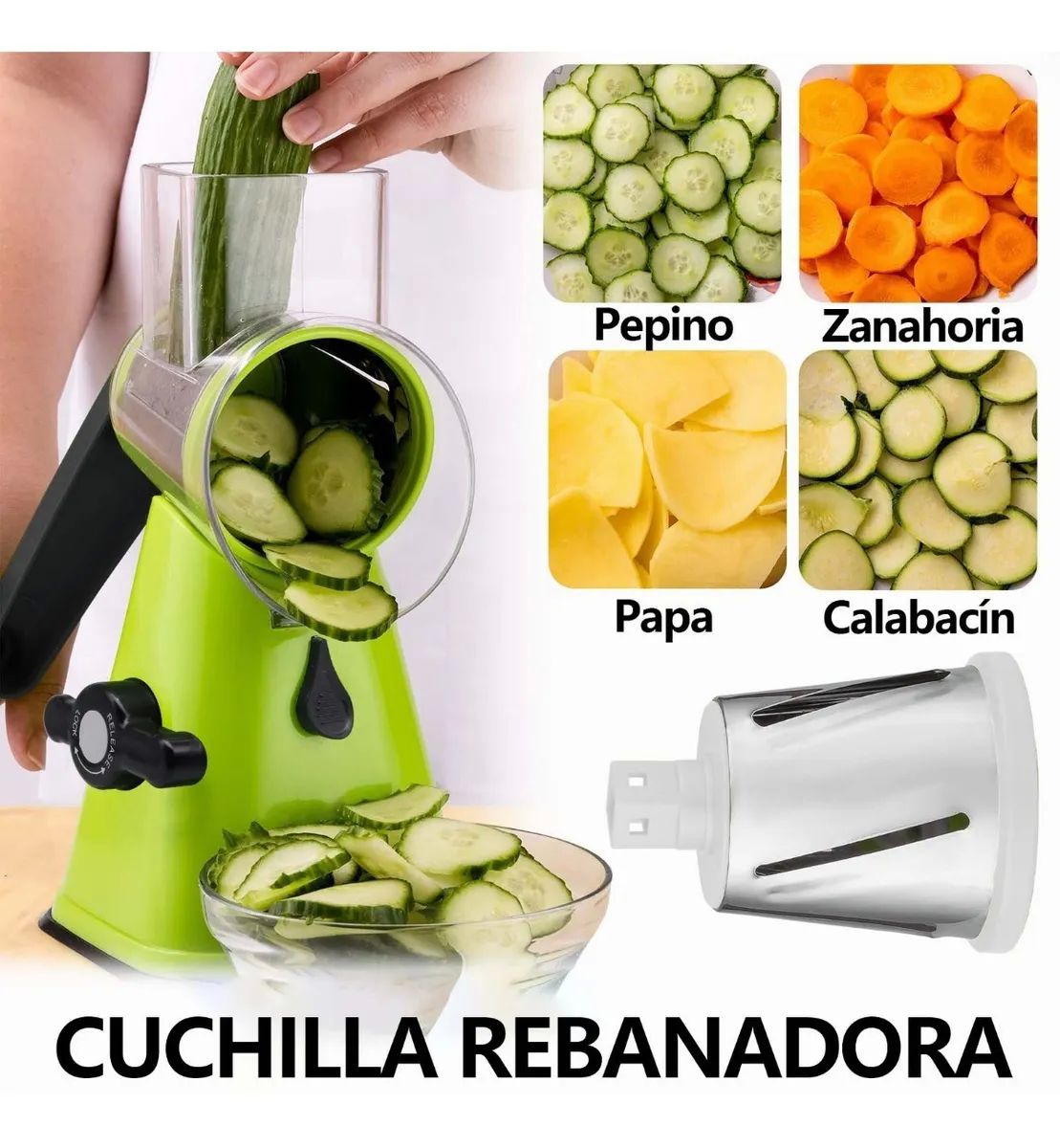 Rallador Cortador De Verdura Picador Manual Con 3 Cabezales Verde