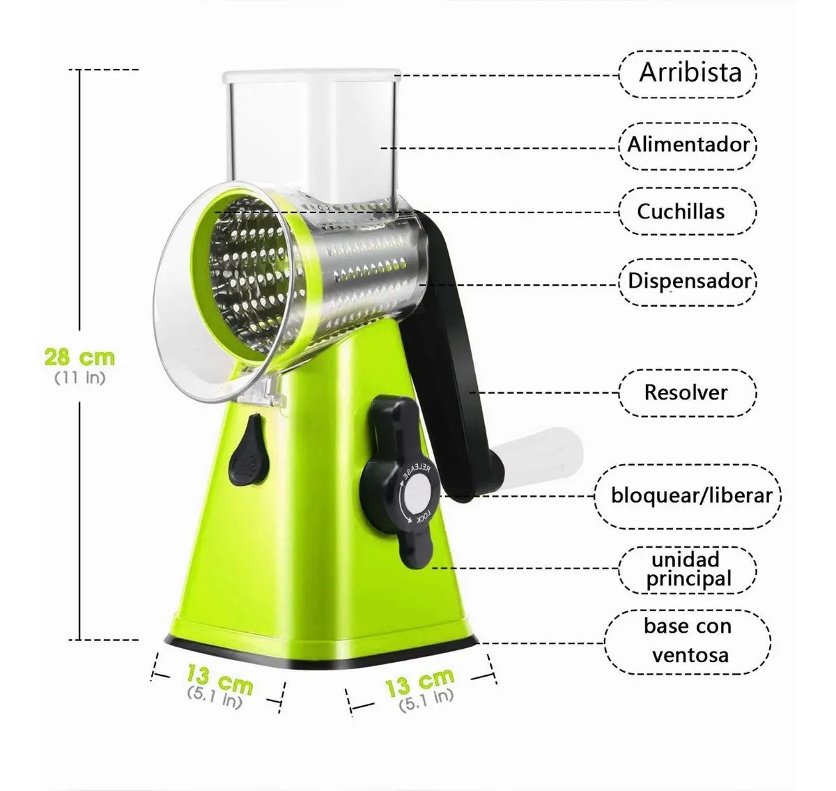 Rallador Cortador De Verdura Picador Manual Con 3 Cabezales Verde