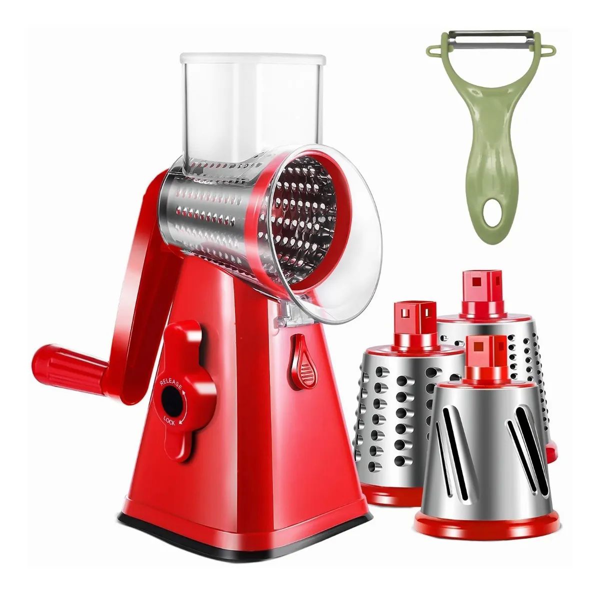 Rallador Cortador De Verdura Picador Manual Con 3 Cabezales Rojo