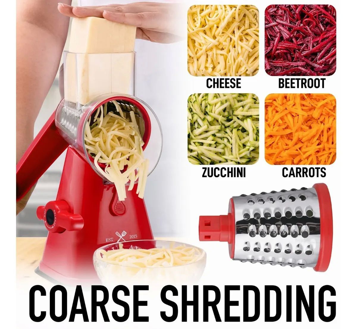 Rallador Cortador De Verdura Picador Manual Con 3 Cabezales Rojo