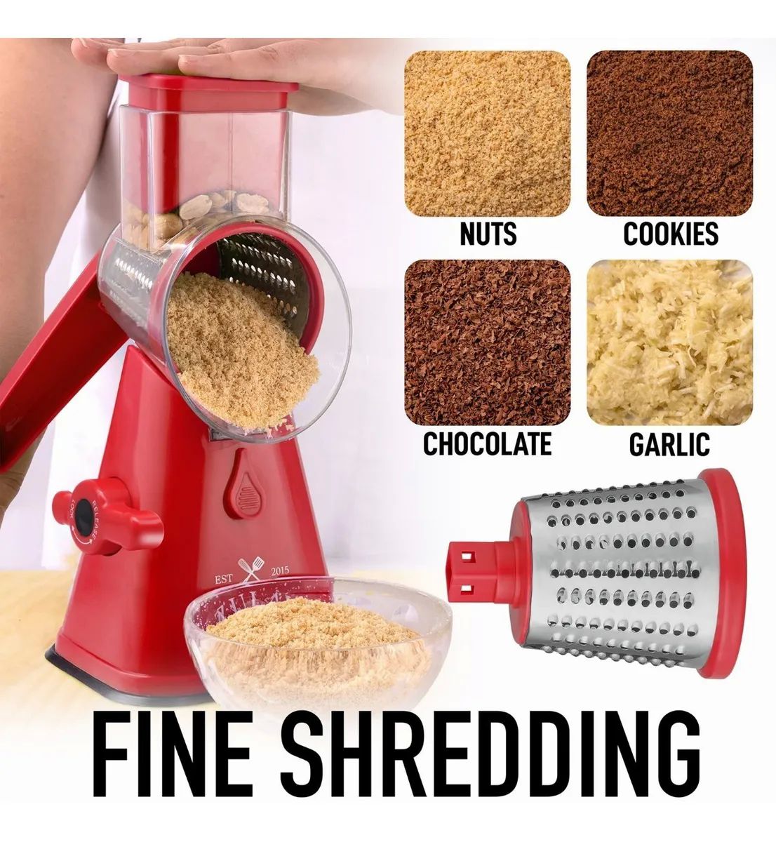 Rallador Cortador De Verdura Picador Manual Con 3 Cabezales Rojo