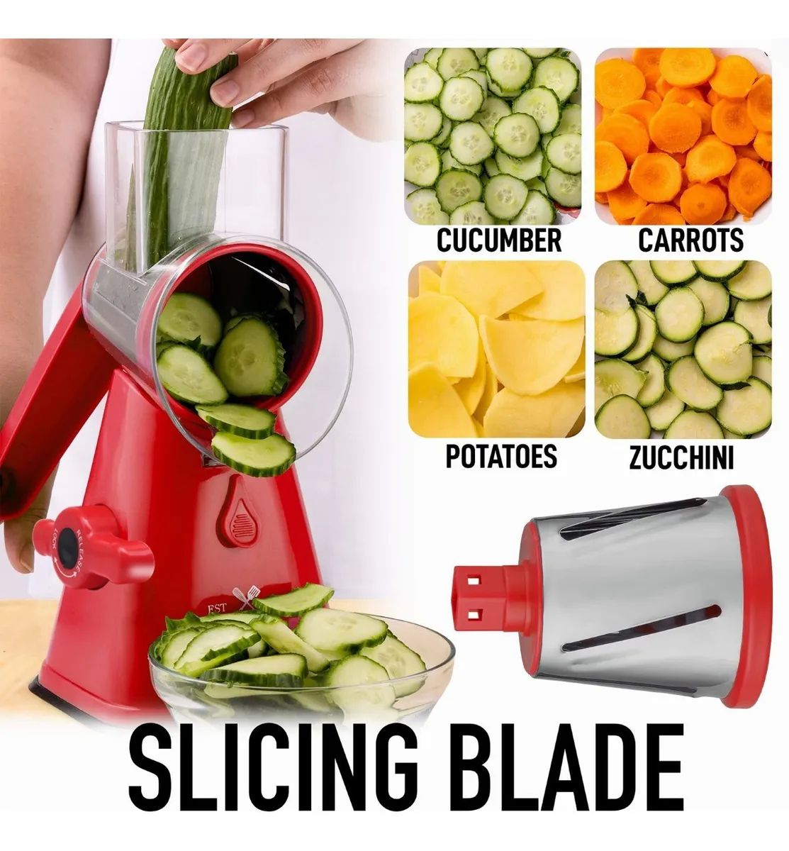 Rallador Cortador De Verdura Picador Manual Con 3 Cabezales Rojo