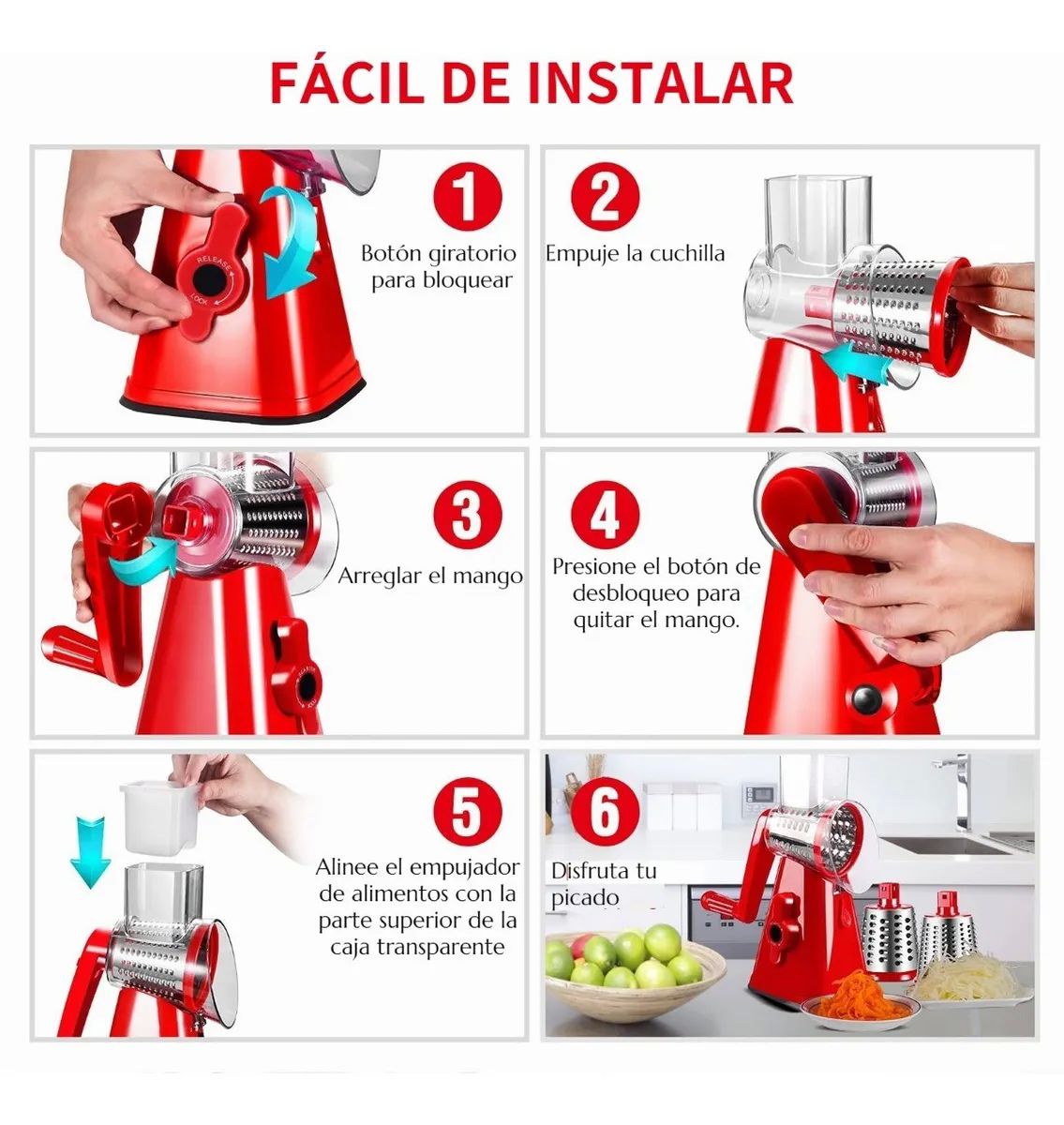 Rallador Cortador De Verdura Picador Manual Con 3 Cabezales Rojo