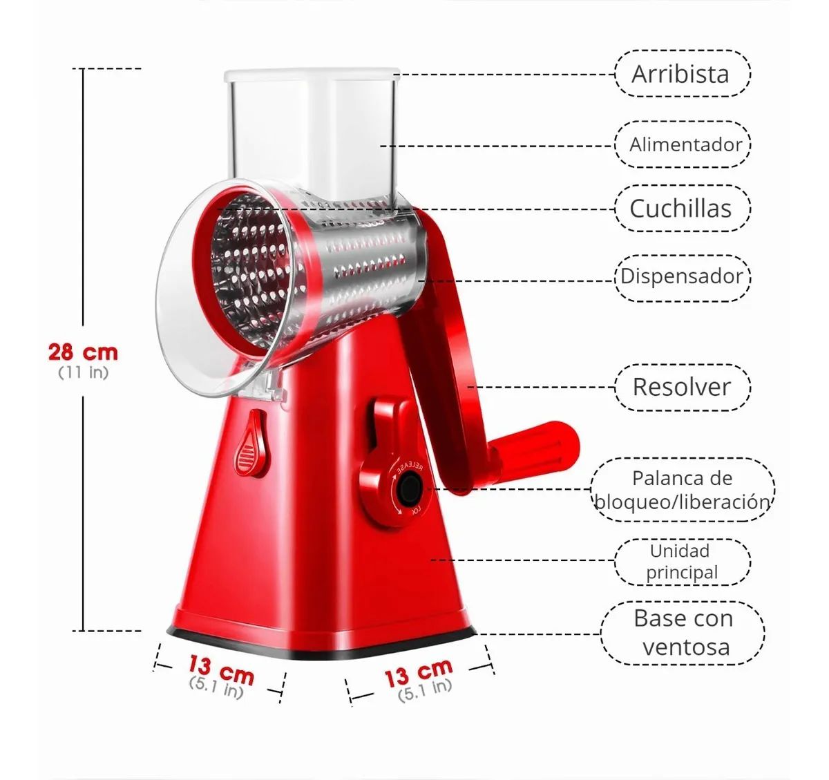 Rallador Cortador De Verdura Picador Manual Con 3 Cabezales Rojo