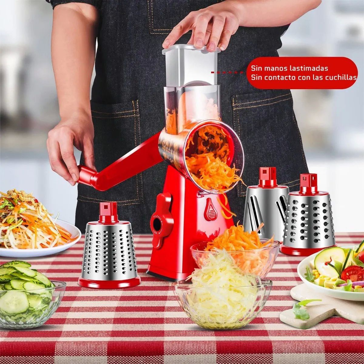 Rallador Cortador De Verdura Picador Manual Con 3 Cabezales Rojo