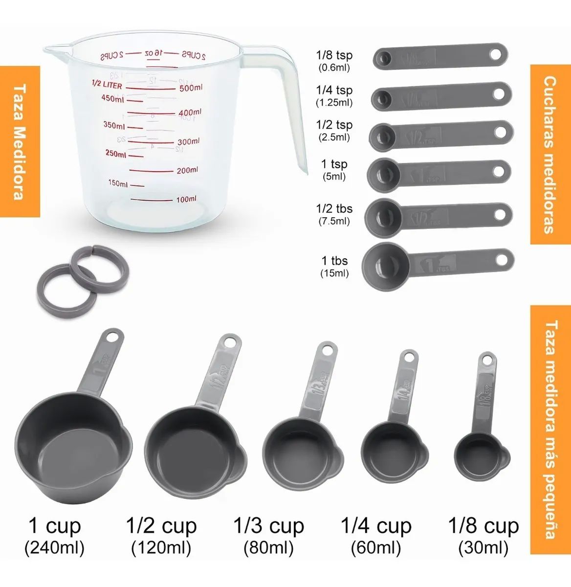 Tazas Y Cucharas Medidoras 11pcs Para Cocina Reposteria Gris