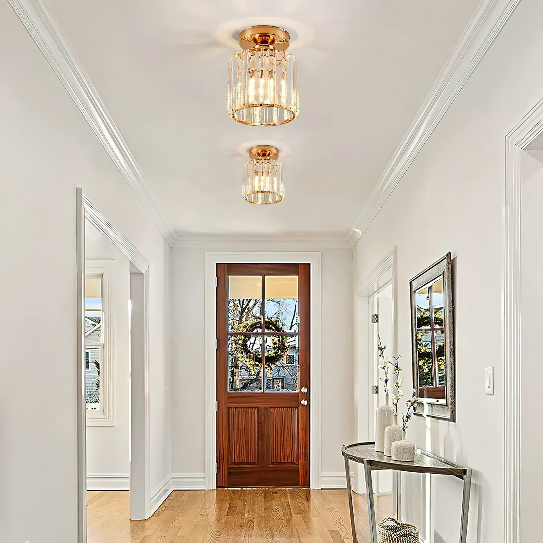 Lámpara De Techo De Cristal Redonda Dorada Moderna E26