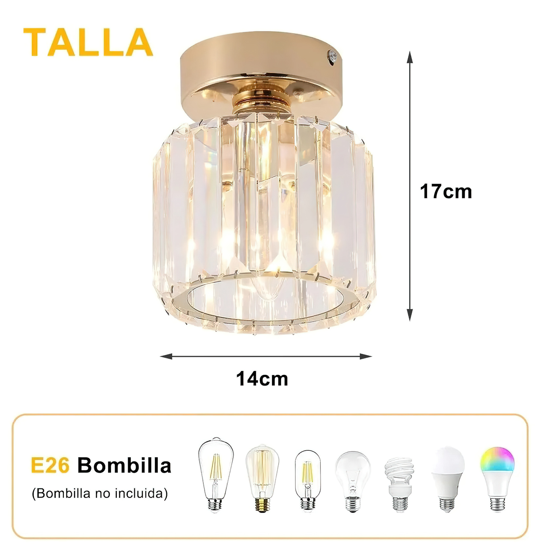 Lámpara De Techo De Cristal Redonda Dorada Moderna E26