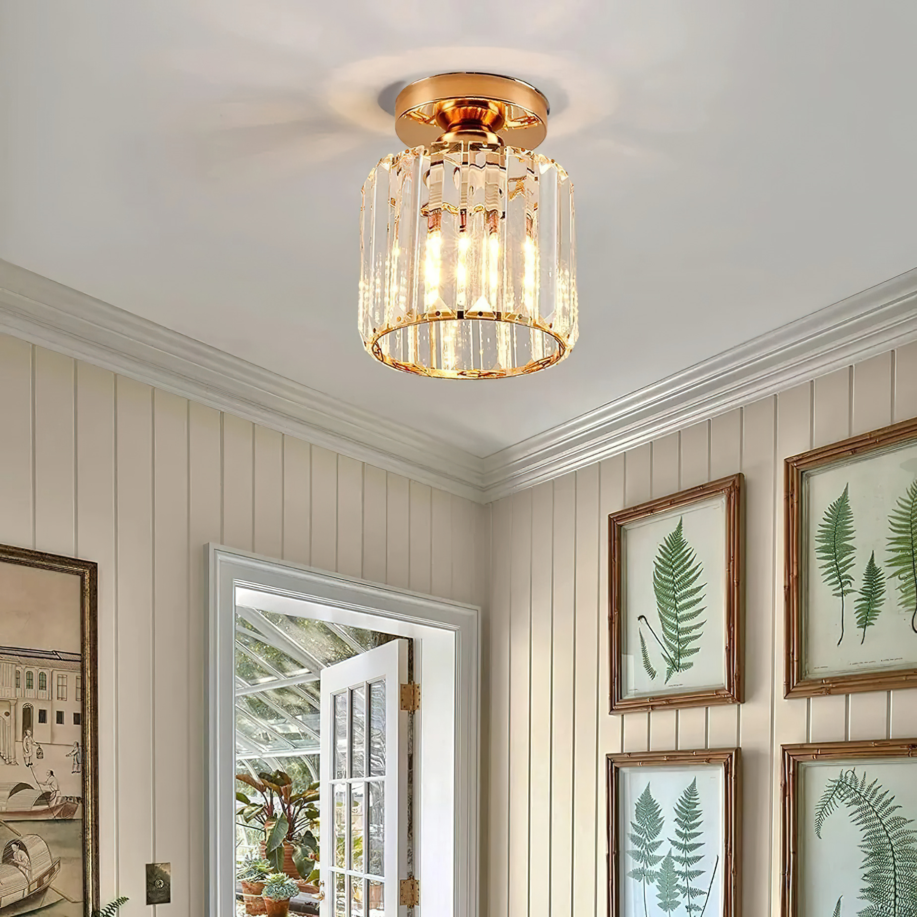 Lámpara De Techo De Cristal Redonda Dorada Moderna E26