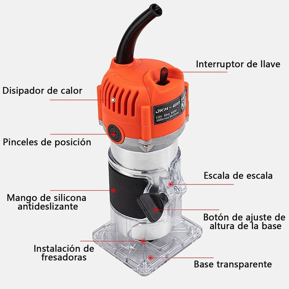 Router para Madera, Recortadora Rebajadora 800W Estuche con Accesorios 