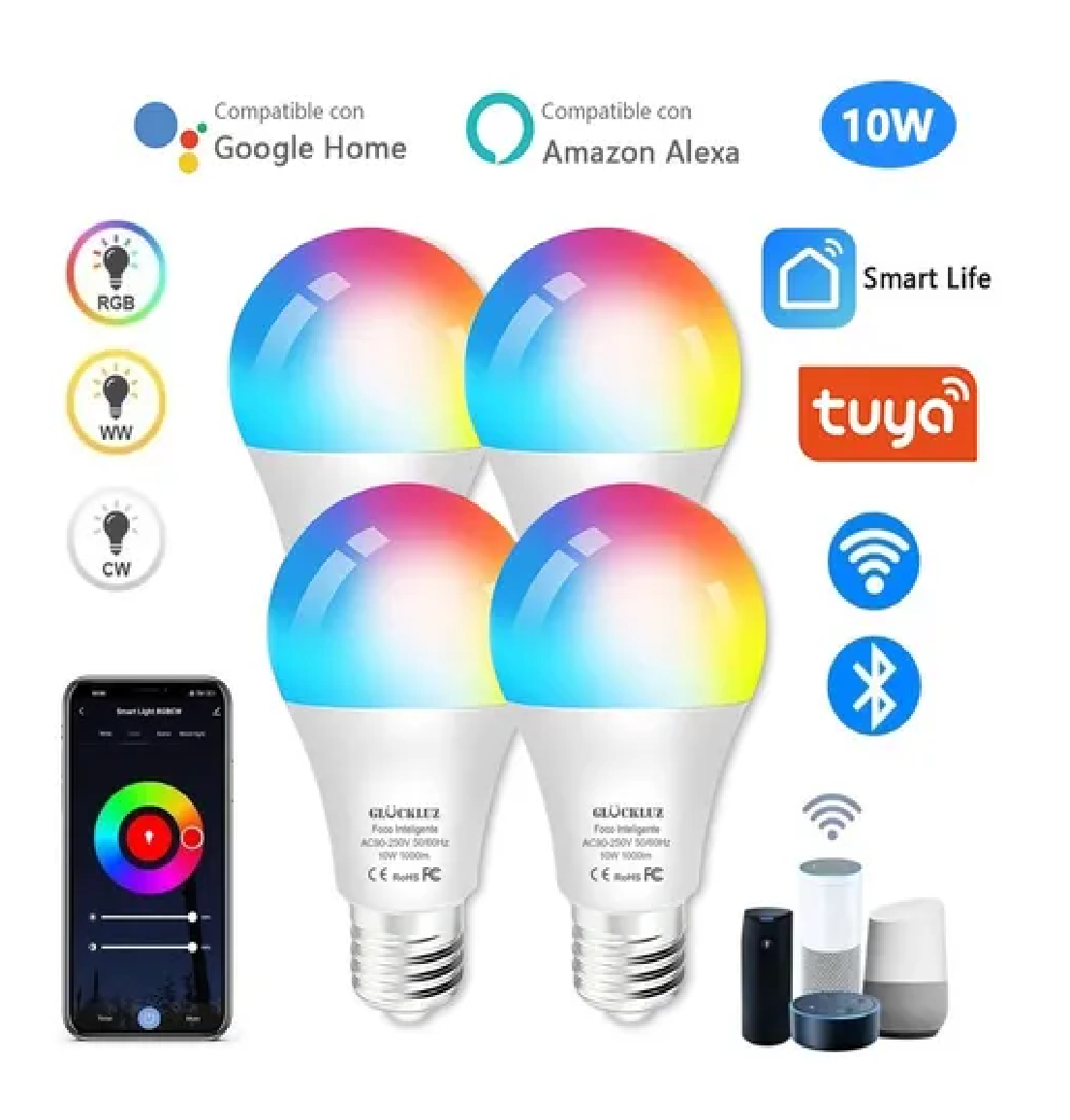 Set Focos Led Inteligentes Wifi 10w 1000lm Bomblla Alexa