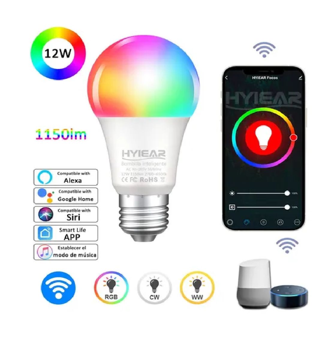 Hyiear 12w Wifi Foco Inteligente Con Alexa,google Home,siri