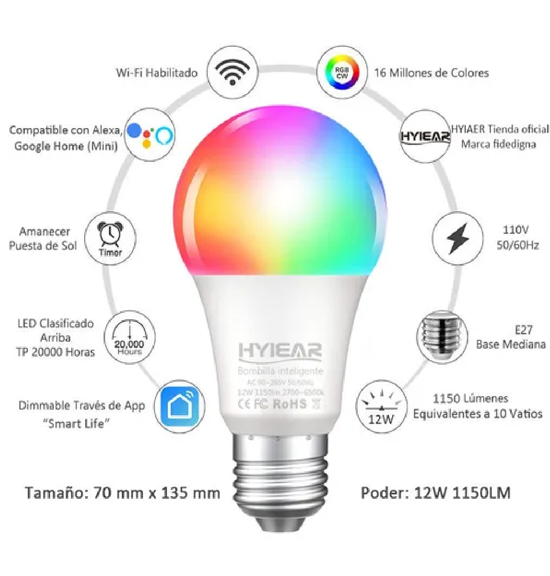 Hyiear 12w Wifi Foco Inteligente Con Alexa,google Home,siri