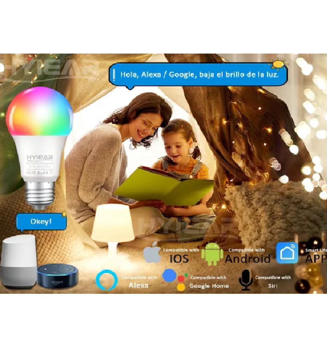 Hyiear 12w Wifi Foco Inteligente Con Alexa,google Home,siri