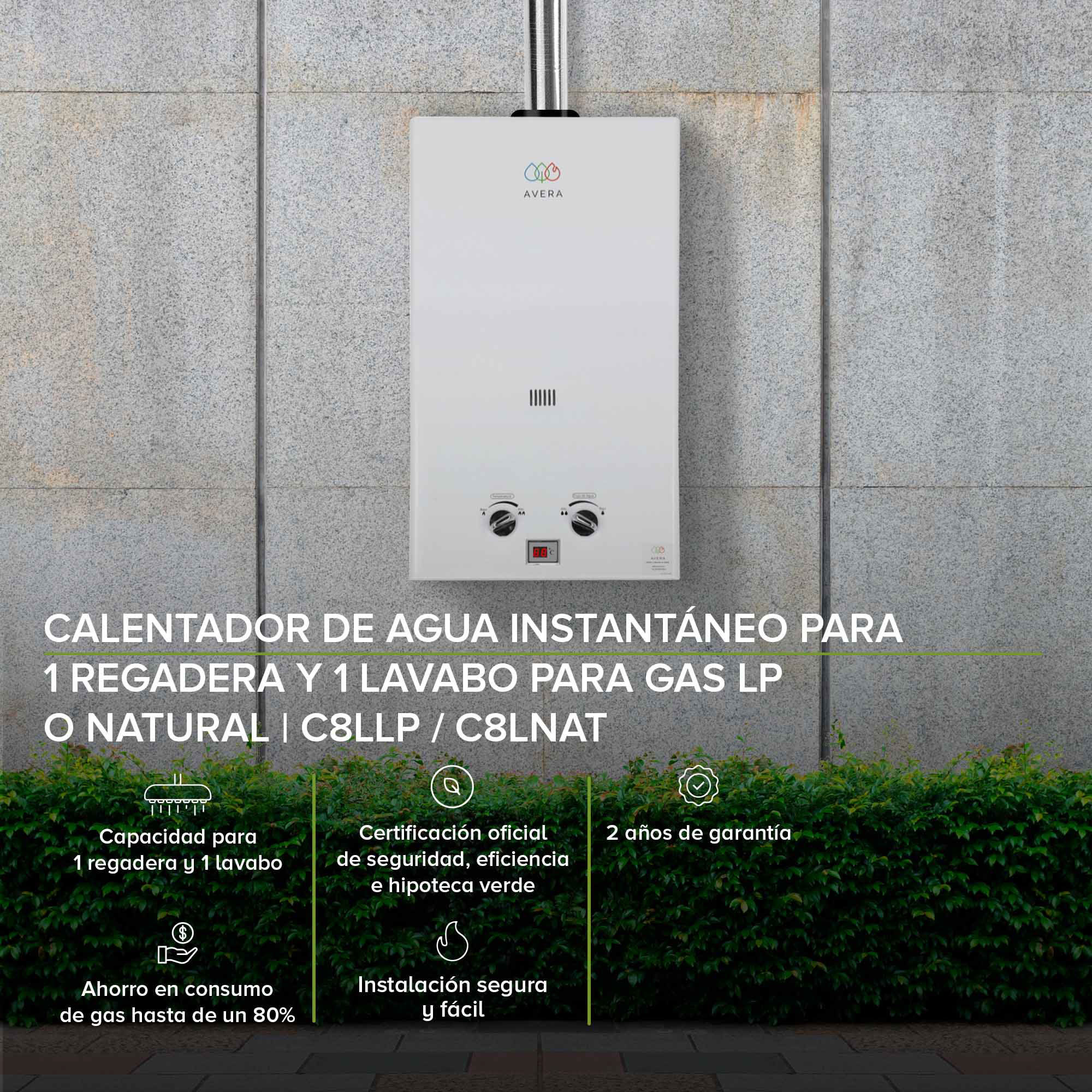 Calentador Boiler de Agua Instantáneo para Gas LP 1 y medio servicios Avera C8L