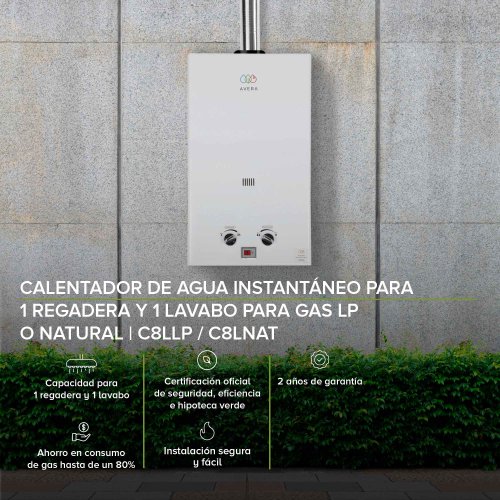 AVERA Calentador Boiler de Agua Instantáneo para Gas LP 1 y medio servicios C8L