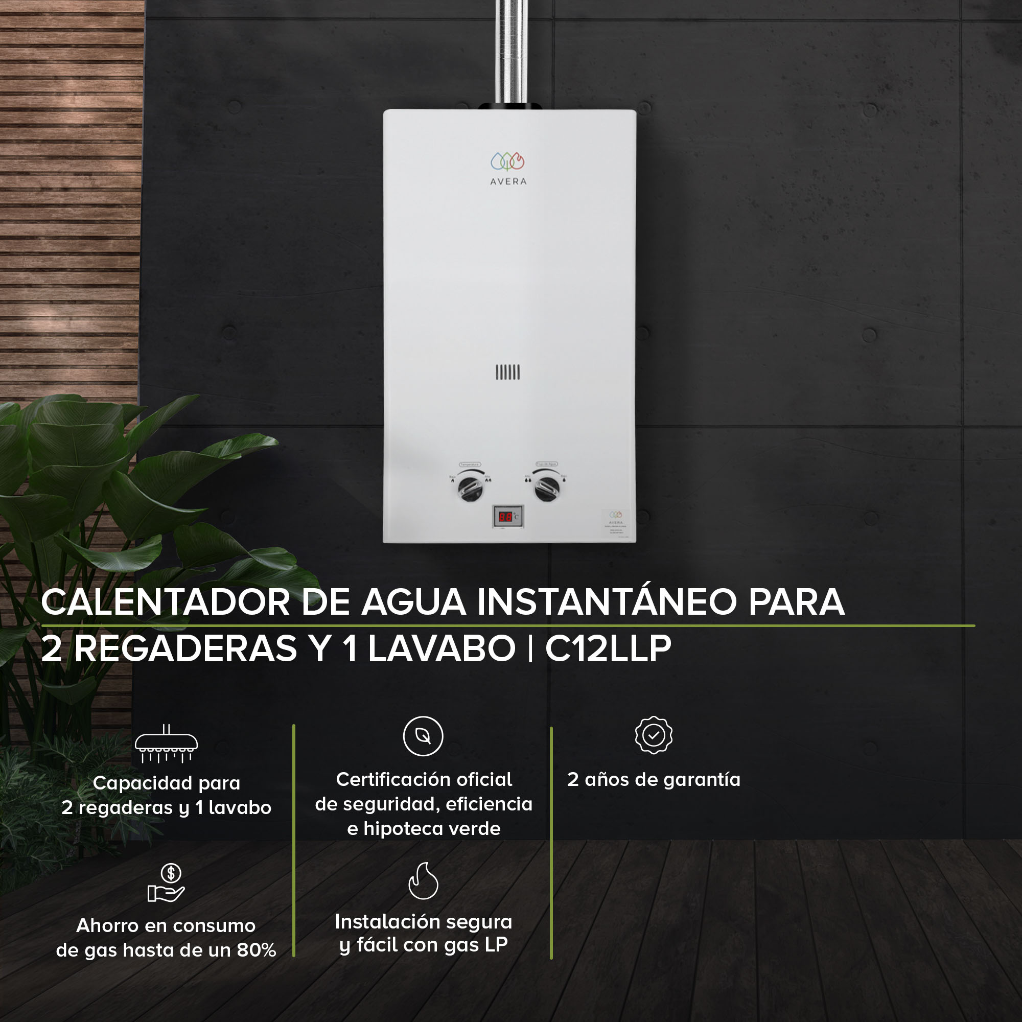 Calentador Boiler de Agua Instantáneo para Gas LP 2 y medio servicios Avera C12L