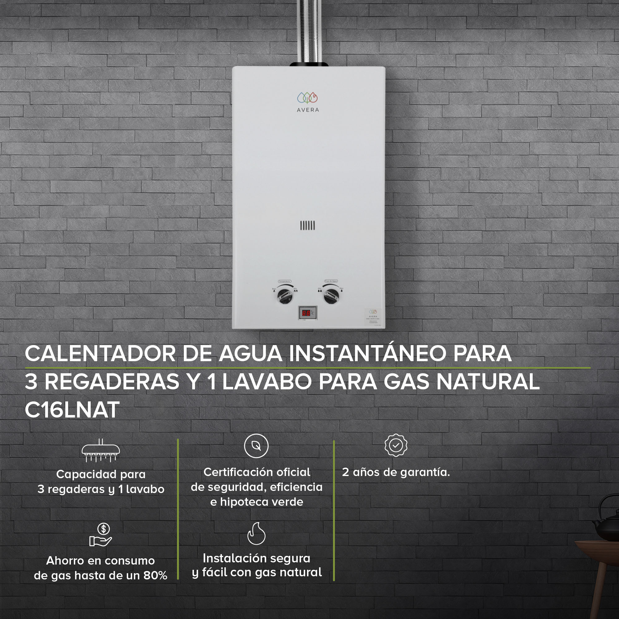 AVERA Calentador Boiler de Agua Instantáneo para Gas Natural 3 y medio servicios C16LNAT