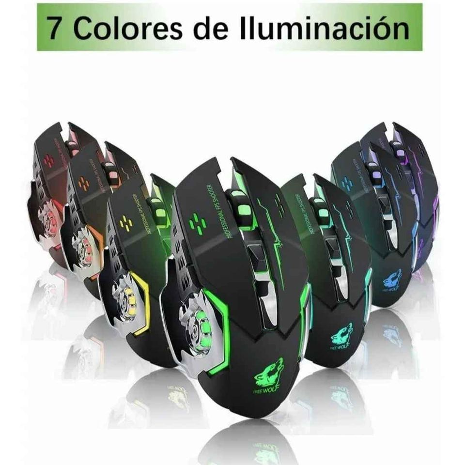 Mouse gamer inalámbrico recargable luz LED RGB 7 color iluminado juego silencioso 2400 dpi