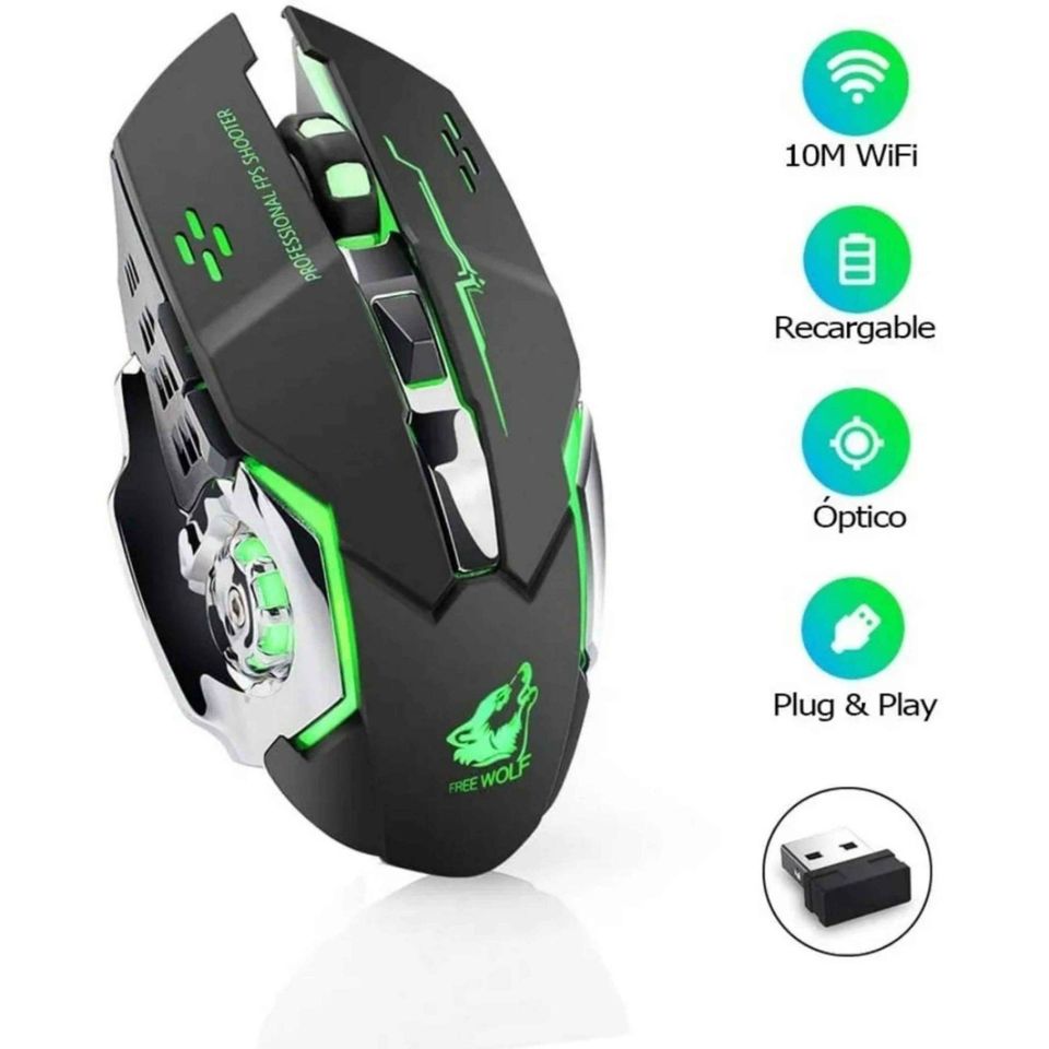 Mouse gamer inalámbrico recargable luz LED RGB 7 color iluminado juego silencioso 2400 dpi