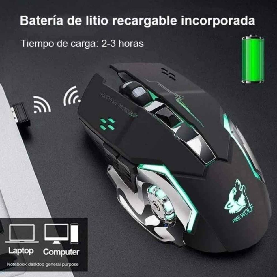 Mouse gamer inalámbrico recargable luz LED RGB 7 color iluminado juego silencioso 2400 dpi