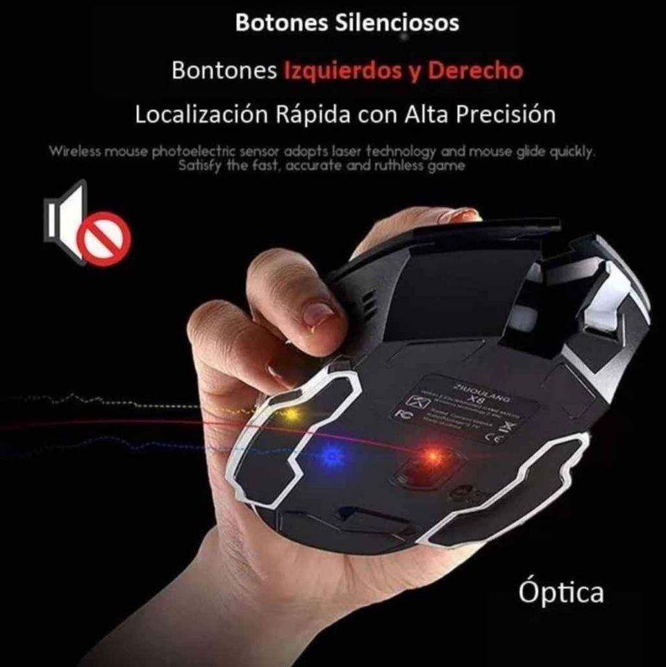 Mouse gamer inalámbrico recargable luz LED RGB 7 color iluminado juego silencioso 2400 dpi