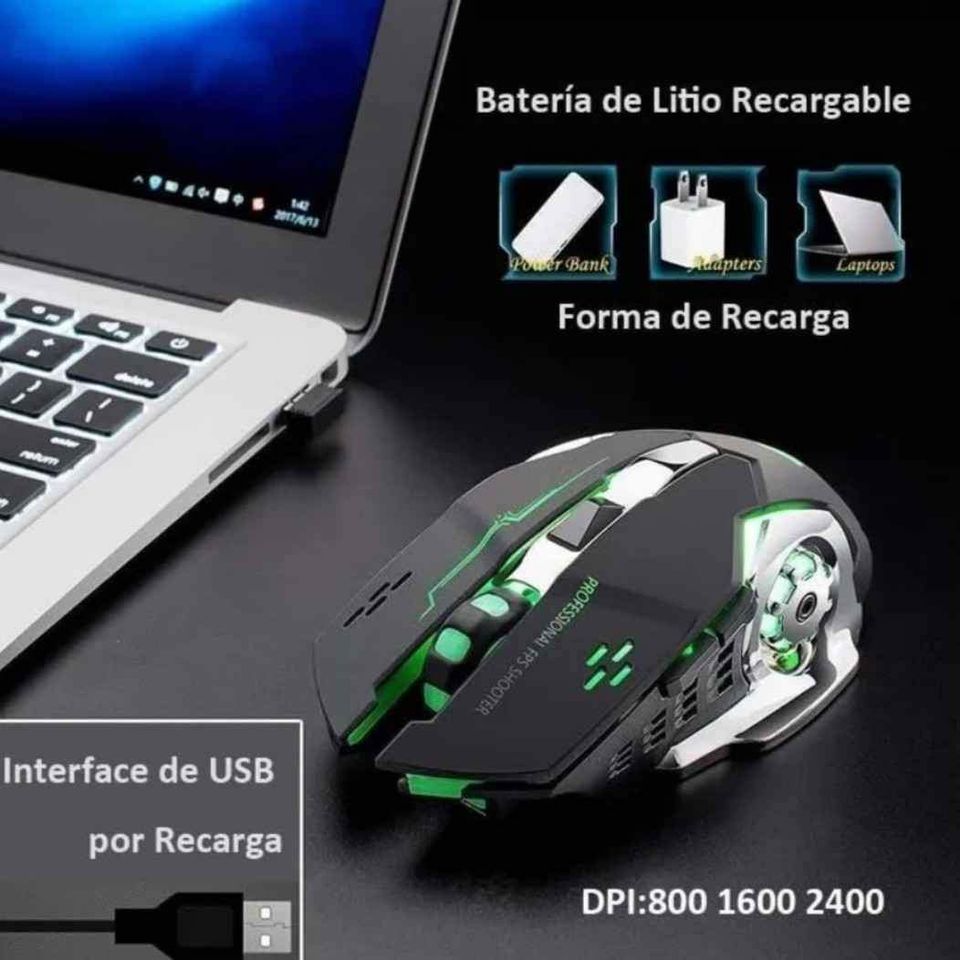 Mouse gamer inalámbrico recargable luz LED RGB 7 color iluminado juego silencioso 2400 dpi