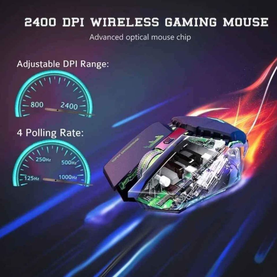 Mouse gamer inalámbrico recargable luz LED RGB 7 color iluminado juego silencioso 2400 dpi