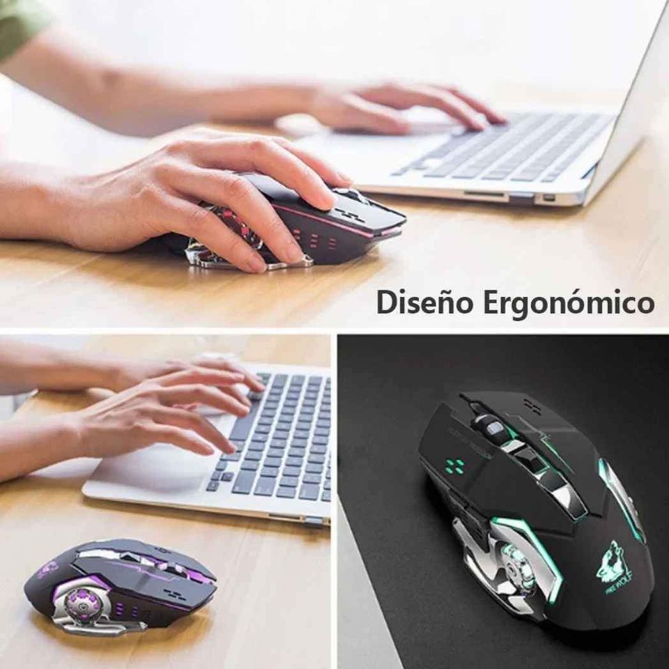 Mouse gamer inalámbrico recargable luz LED RGB 7 color iluminado juego silencioso 2400 dpi