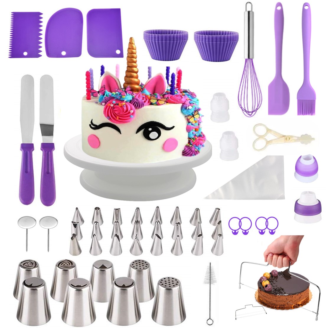 Kit para Decoración de Pasteles Duyas Rusas Base Giratoria Peines Morado 