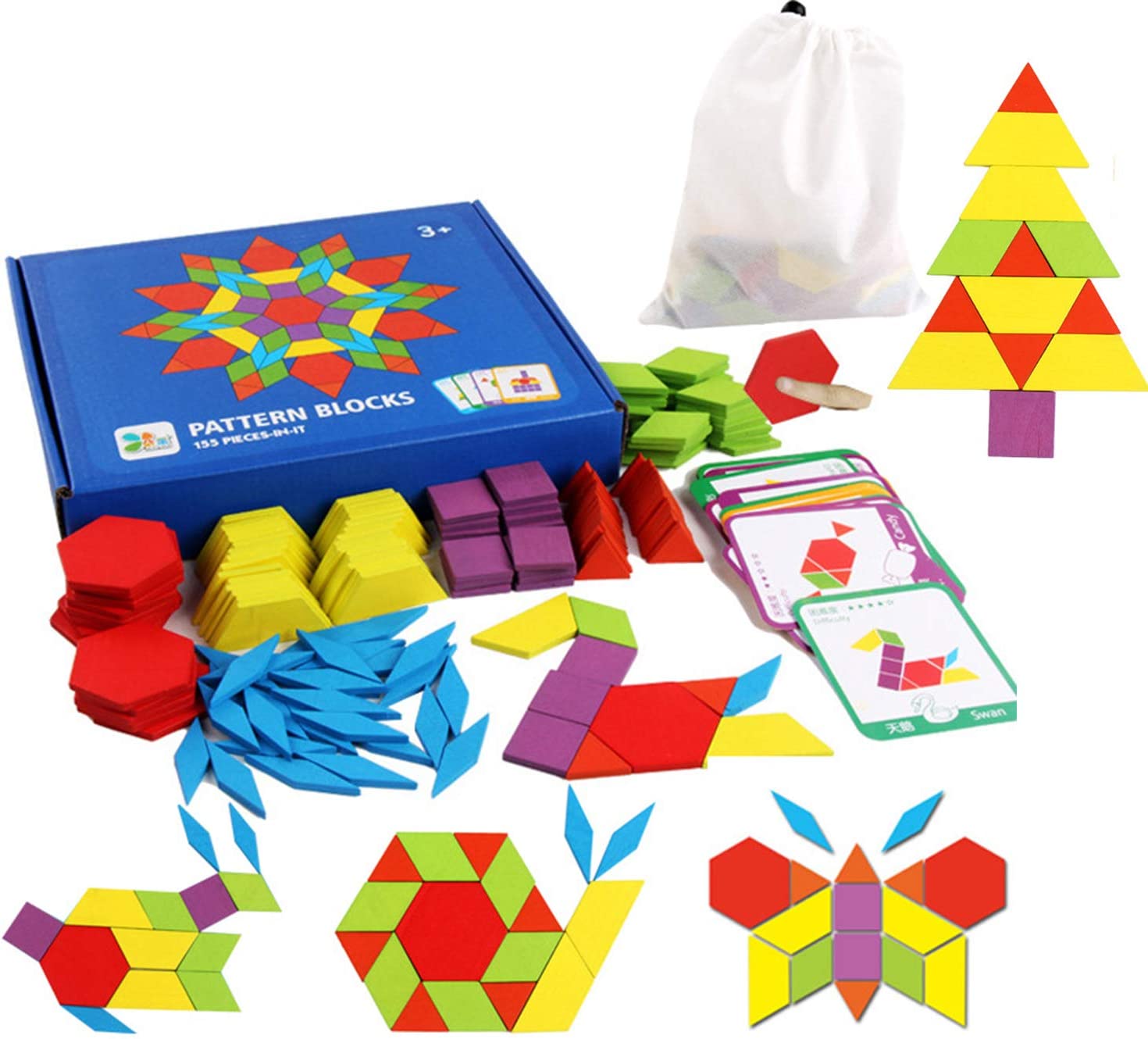 Tangram de madera colorida 155 piezas con tarjetas de patrones.