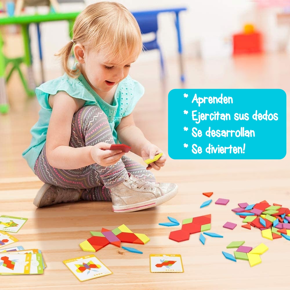 Tangram de madera colorida 155 piezas con tarjetas de patrones.