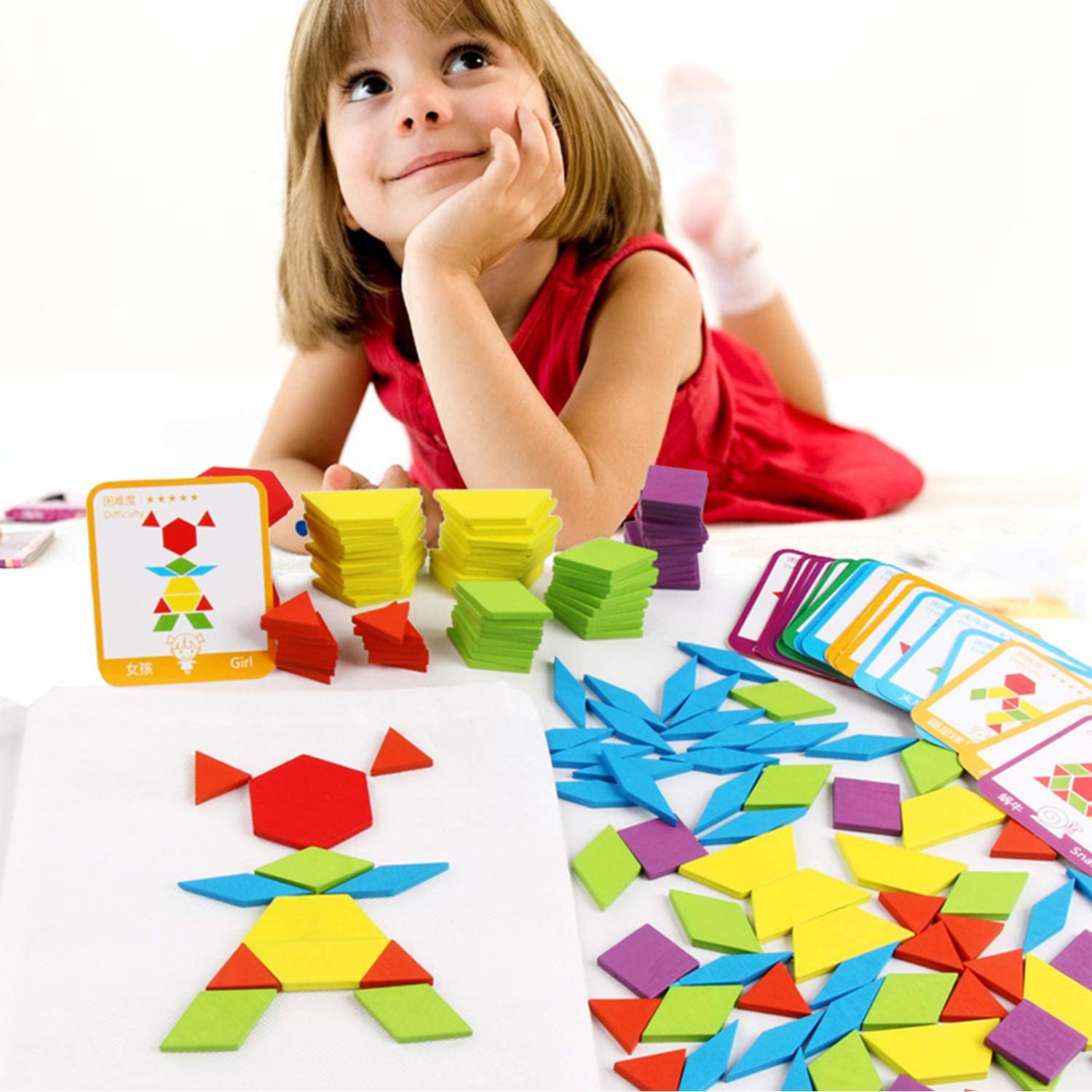 Tangram de madera colorida 155 piezas con tarjetas de patrones.