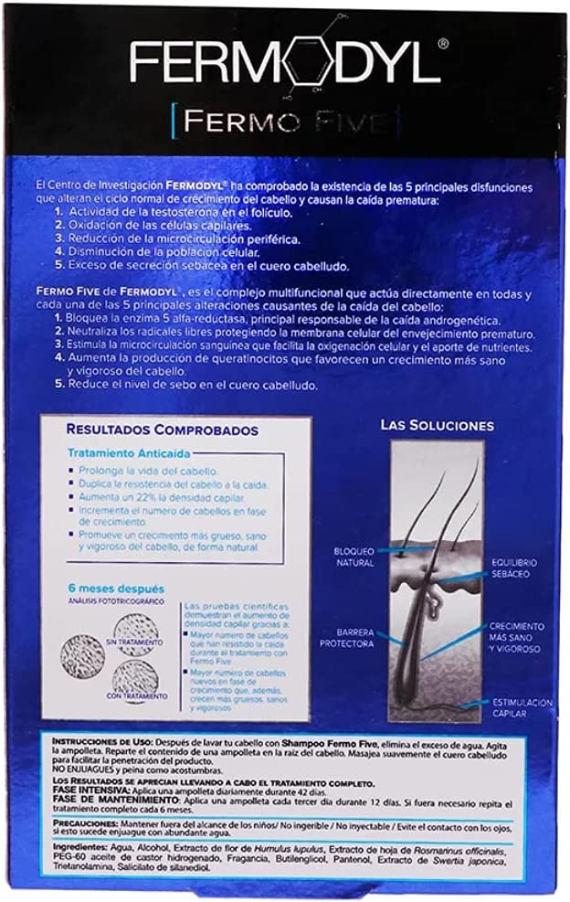Fermodyl Ampolletas Fermo Five 12x6 ml, Tratamiento Anti caida del cabello, 12 Ampolletas