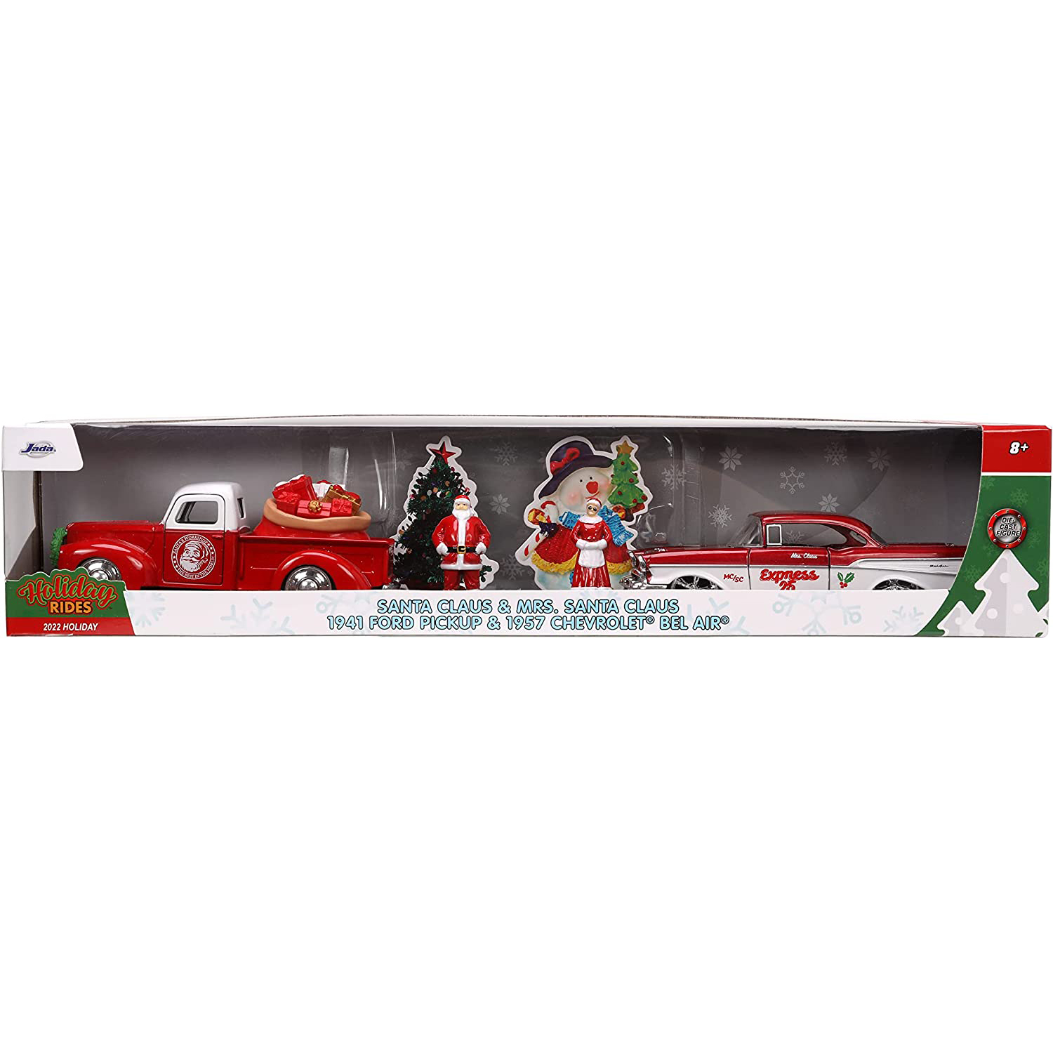 1941 Ford Pickup & 1957 Chevy Bel-Air con Fig Santa Claus y Sra Claus Escala 1:32 Jada Toys Navidad 