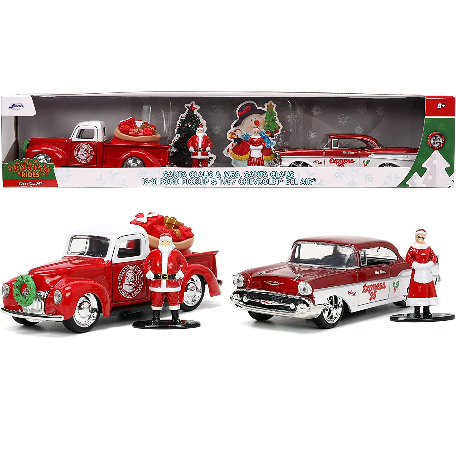 1941 Ford Pickup & 1957 Chevy Bel-Air con Fig Santa Claus y Sra Claus Escala 1:32 Jada Toys Navidad 