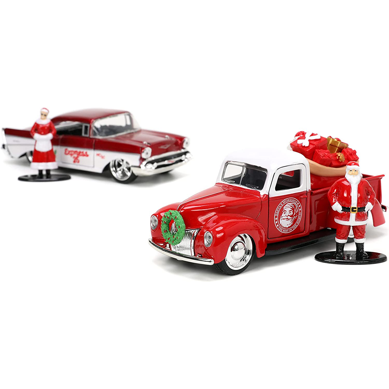1941 Ford Pickup & 1957 Chevy Bel-Air con Fig Santa Claus y Sra Claus Escala 1:32 Jada Toys Navidad 
