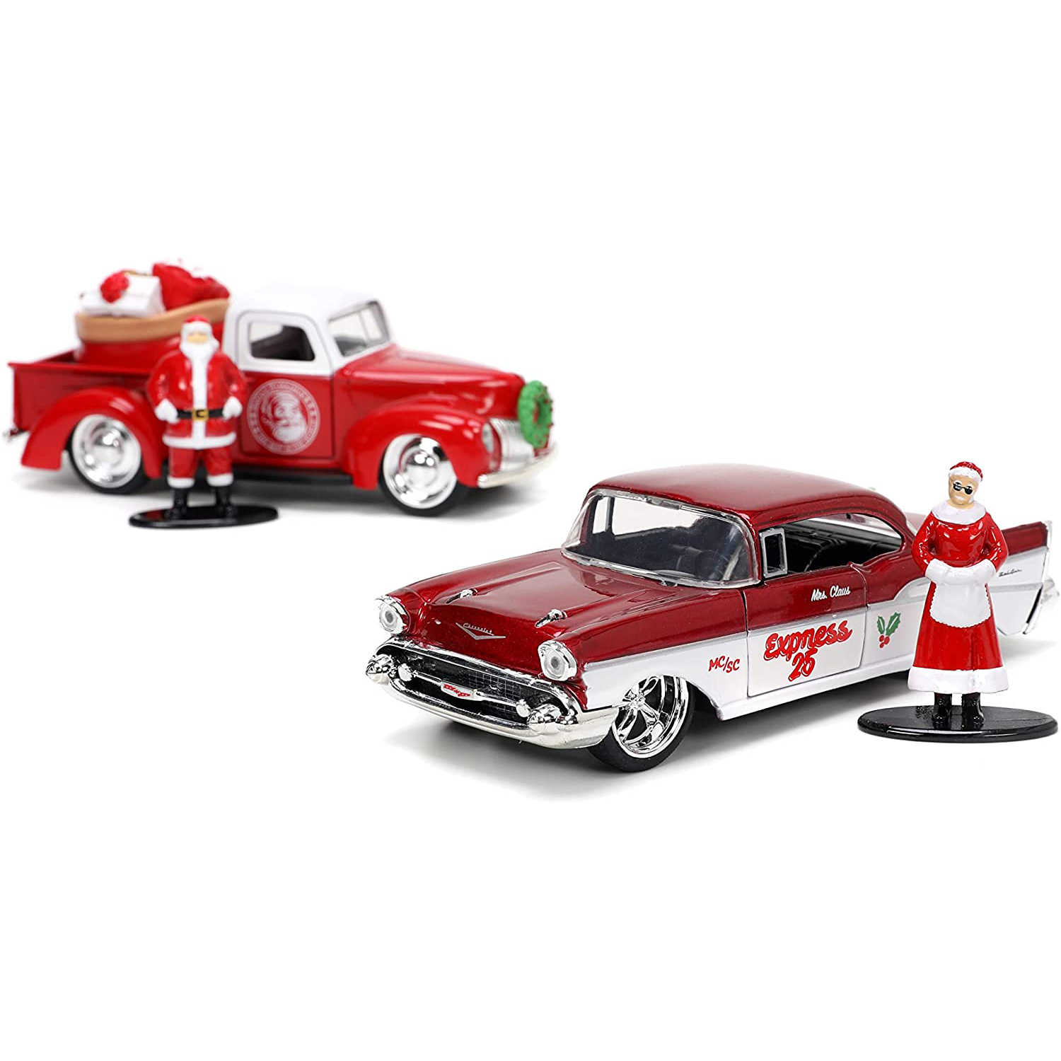 1941 Ford Pickup & 1957 Chevy Bel-Air con Fig Santa Claus y Sra Claus Escala 1:32 Jada Toys Navidad 