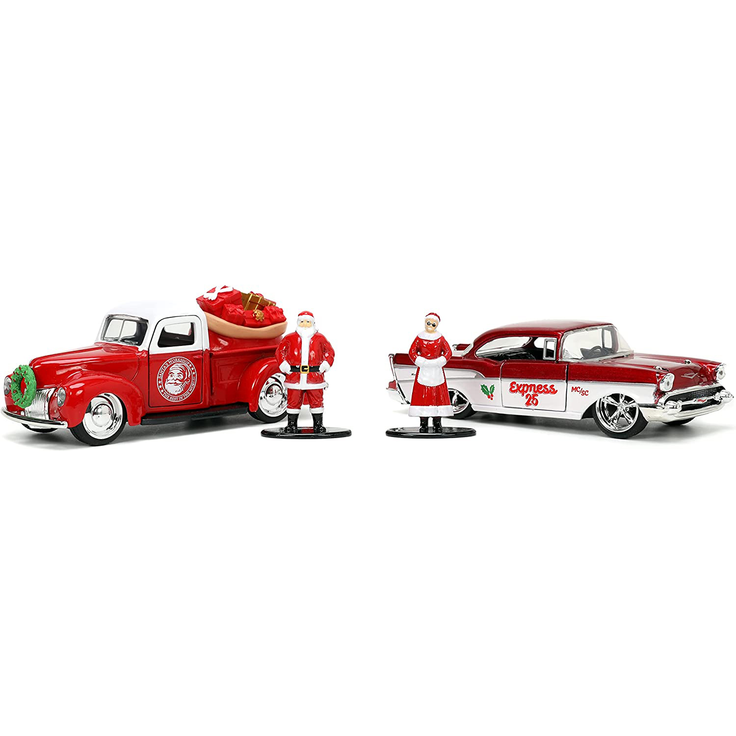 1941 Ford Pickup & 1957 Chevy Bel-Air con Fig Santa Claus y Sra Claus Escala 1:32 Jada Toys Navidad 