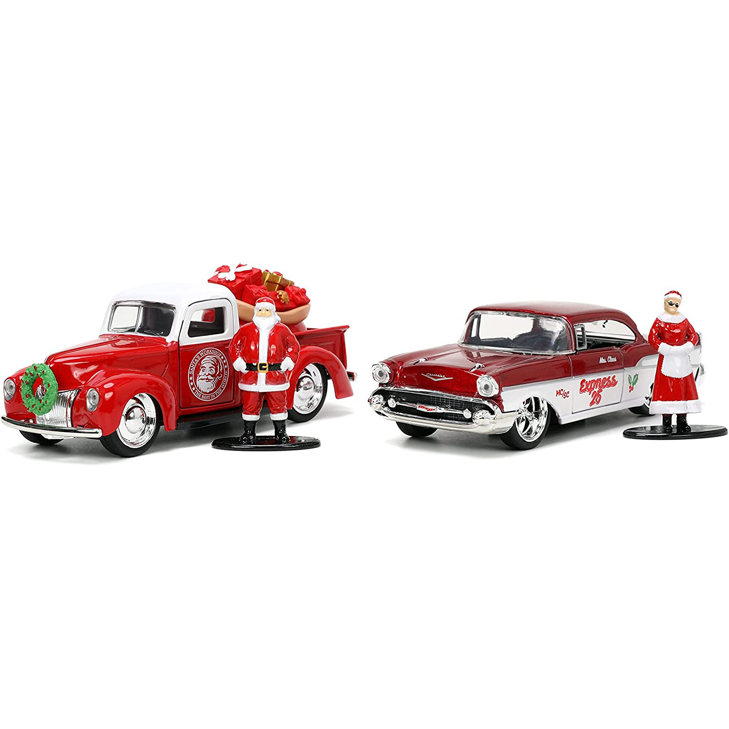 1941 Ford Pickup & 1957 Chevy Bel-Air con Fig Santa Claus y Sra Claus Escala 1:32 Jada Toys Navidad 
