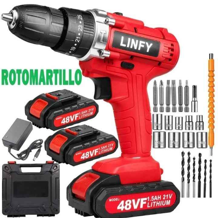 Taladros Atornillador Inalámbrico con 2 baterías de litio 1350rpm Rotomartillo Linfy