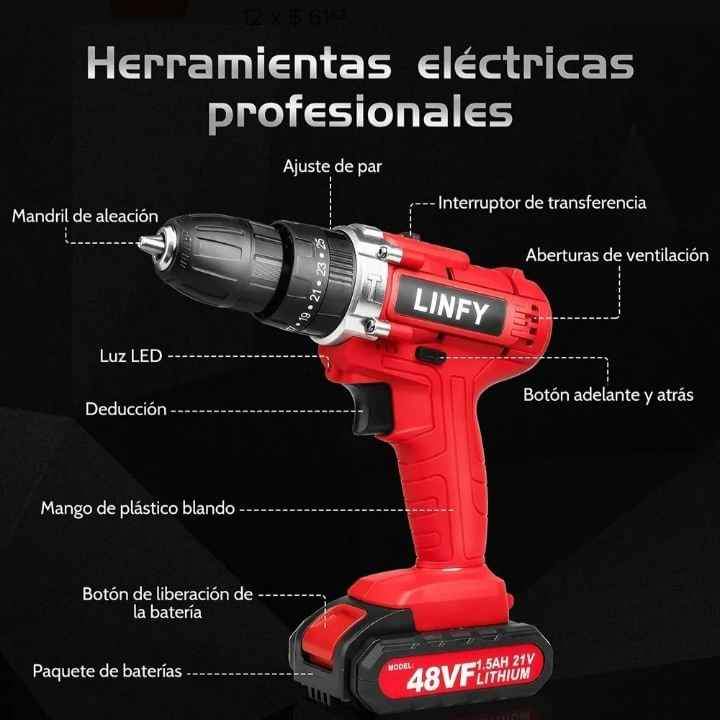 Taladros Atornillador Inalámbrico con 2 baterías de litio 1350rpm Rotomartillo Linfy