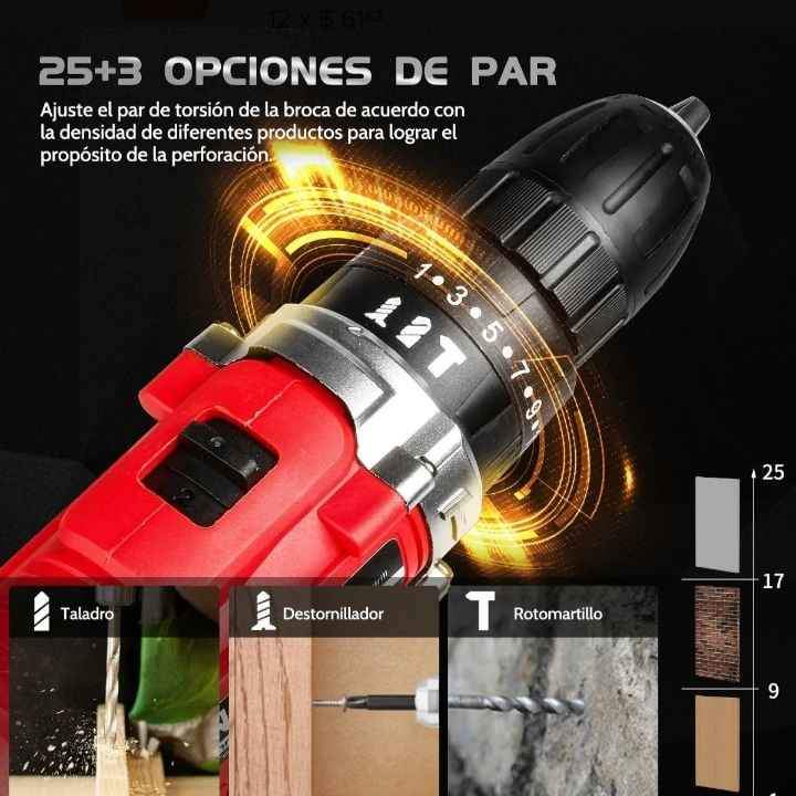 Taladros Atornillador Inalámbrico con 2 baterías de litio 1350rpm Rotomartillo Linfy