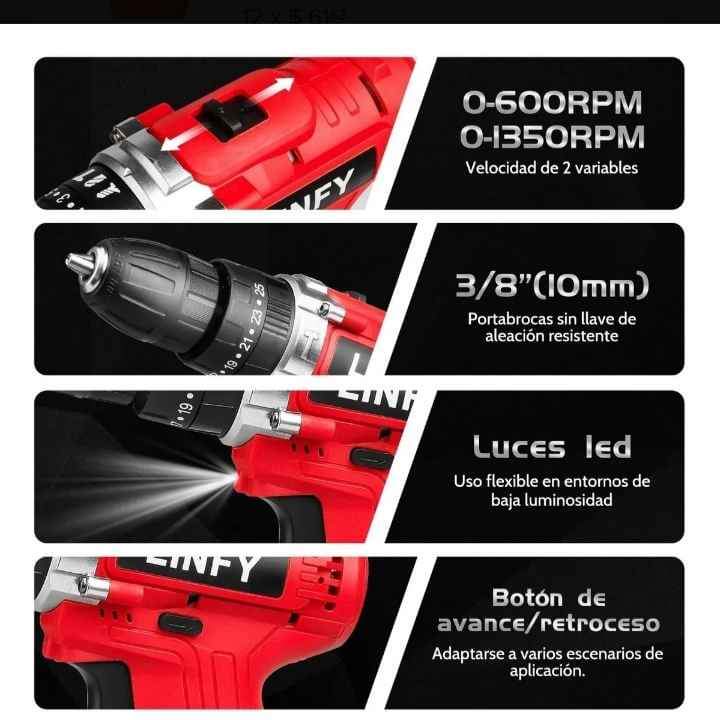 Taladros Atornillador Inalámbrico con 2 baterías de litio 1350rpm Rotomartillo Linfy