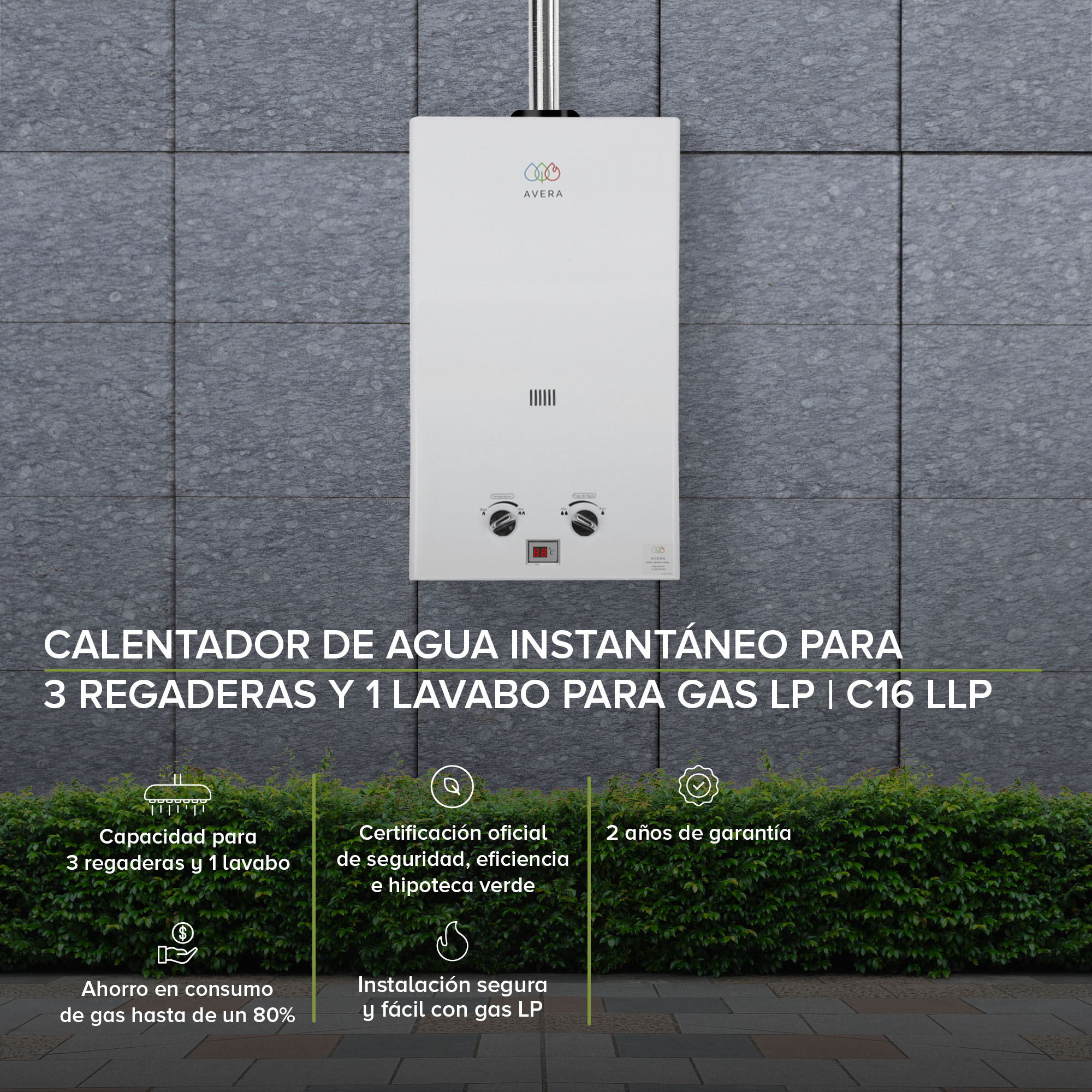 AVERA Calentador Boiler de Agua Instantáneo para Gas LP 3 y medio servicios C16L