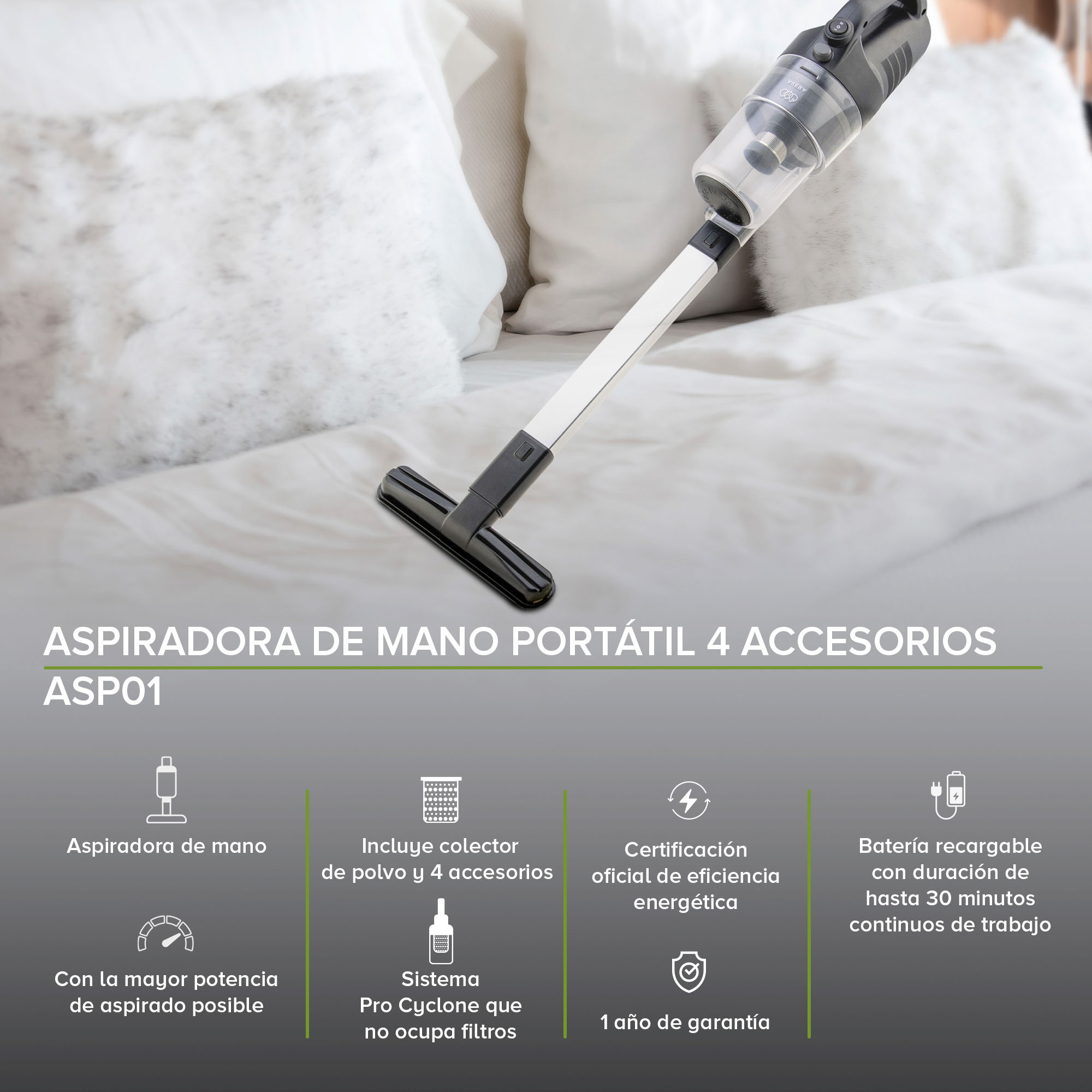 AVERA Aspiradora De Mano Portátil, Sin Cable, Pro Cyclone, 4 Accesorios, Batería de iones de litio, Recarcagable, ASP01
