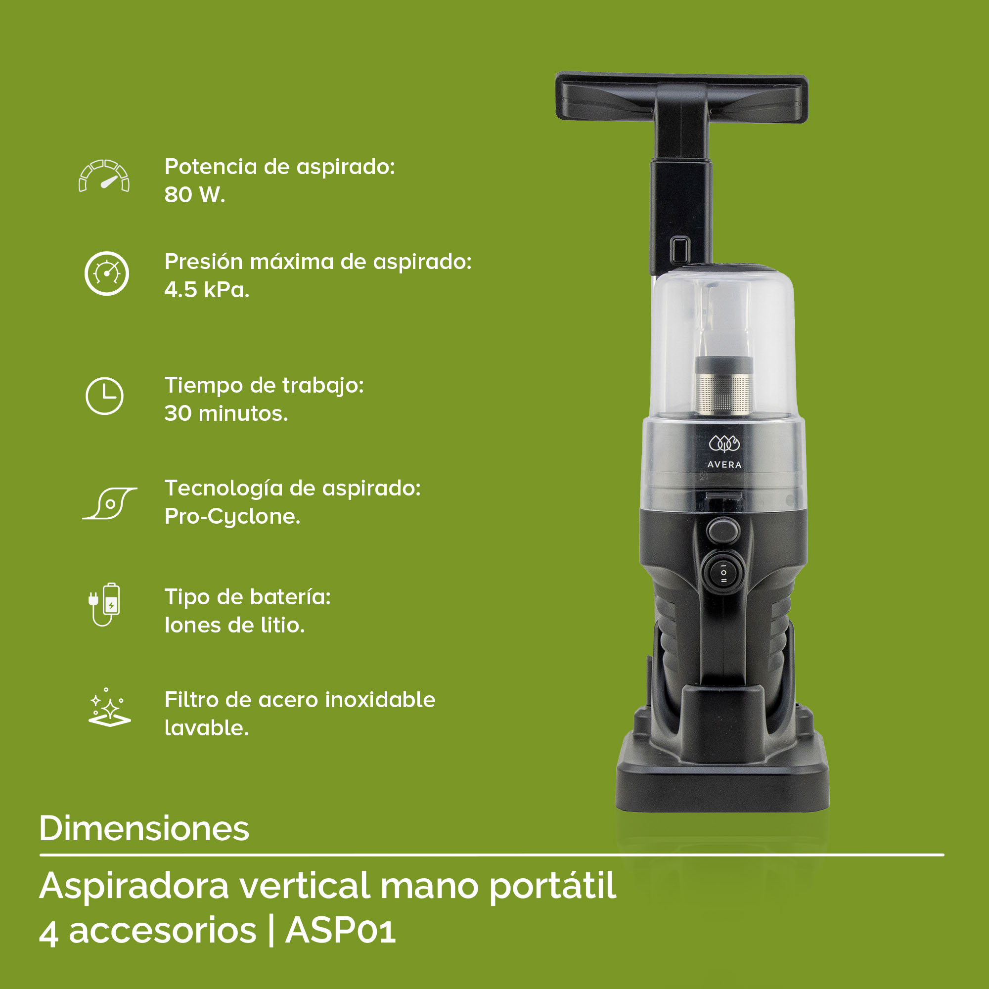 AVERA Aspiradora De Mano Portátil, Sin Cable, Pro Cyclone, 4 Accesorios, Batería de iones de litio, Recarcagable, ASP01